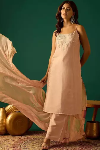 Women Embroidered Regular Beads and Stones Kurta with Palazzos & Dupatta