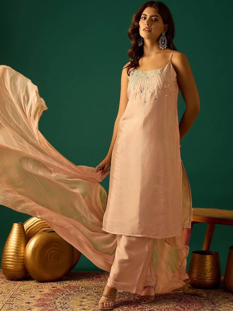Women Embroidered Regular Beads and Stones Kurta with Palazzos & Dupatta