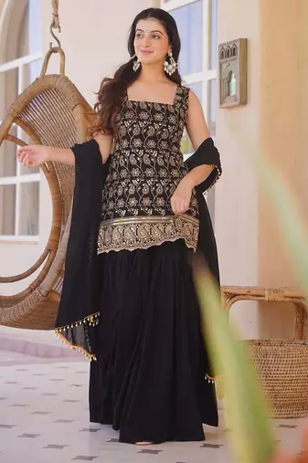 Black embroidered silk blend sleeveless short kurta sharara suit set with dupatta