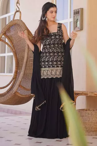 Black embroidered silk blend sleeveless short kurta sharara suit set with dupatta