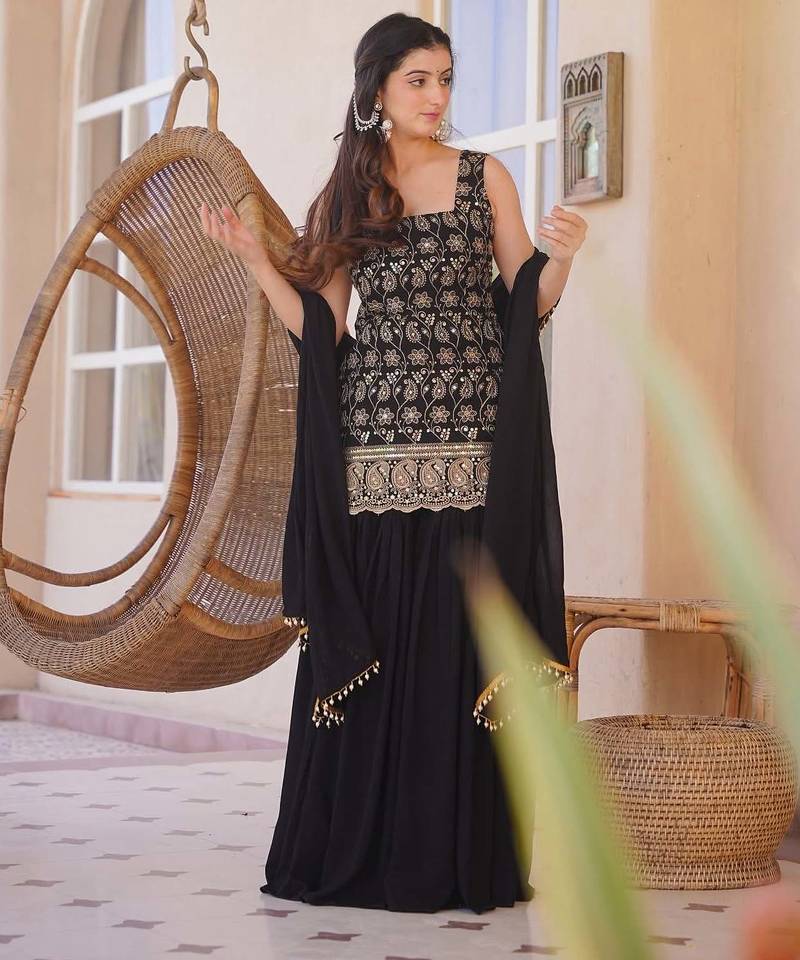 Black embroidered silk blend sleeveless short kurta sharara suit set with dupatta