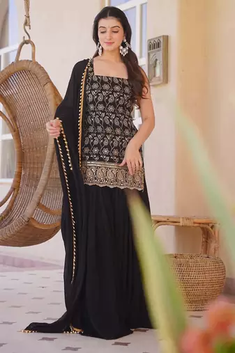 Black embroidered silk blend sleeveless short kurta sharara suit set with dupatta