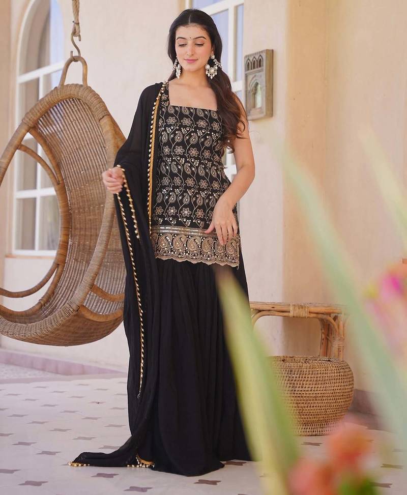 Black embroidered silk blend sleeveless short kurta sharara suit set with dupatta