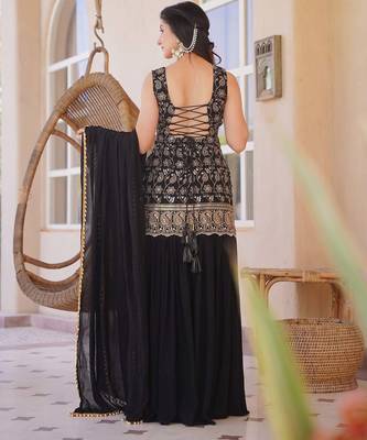 Black embroidered silk blend sleeveless short kurta sharara suit set with dupatta 4