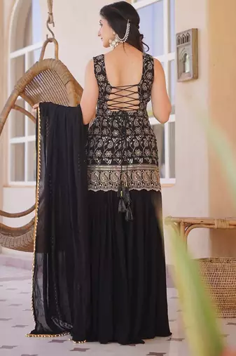 Black embroidered silk blend sleeveless short kurta sharara suit set with dupatta