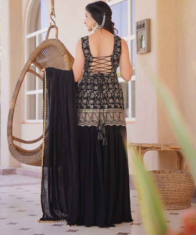Black embroidered silk blend sleeveless short kurta sharara suit set with dupatta