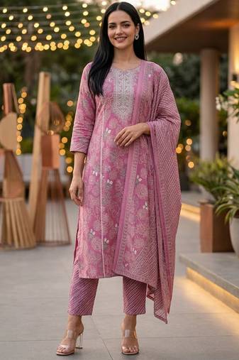 Women Ethnic Motifs Printed Regular Pure Cotton Kurta with Trousers & With Dupatta
