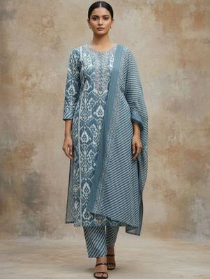 Women Ethnic Motifs Printed Regular Thread Work Pure Cotton Kurta with Trousers & With Dupatta 1