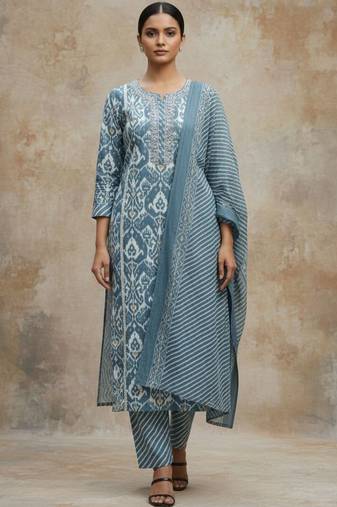 Women Ethnic Motifs Printed Regular Thread Work Pure Cotton Kurta with Trousers & With Dupatta