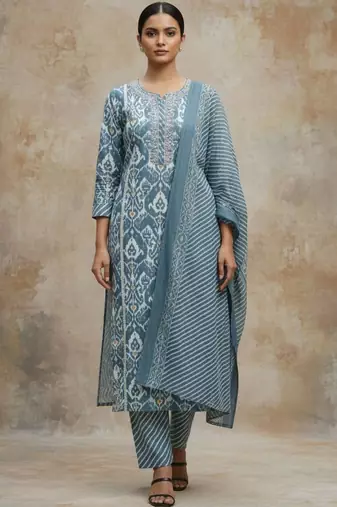 Women Ethnic Motifs Printed Regular Thread Work Pure Cotton Kurta with Trousers & With Dupatta