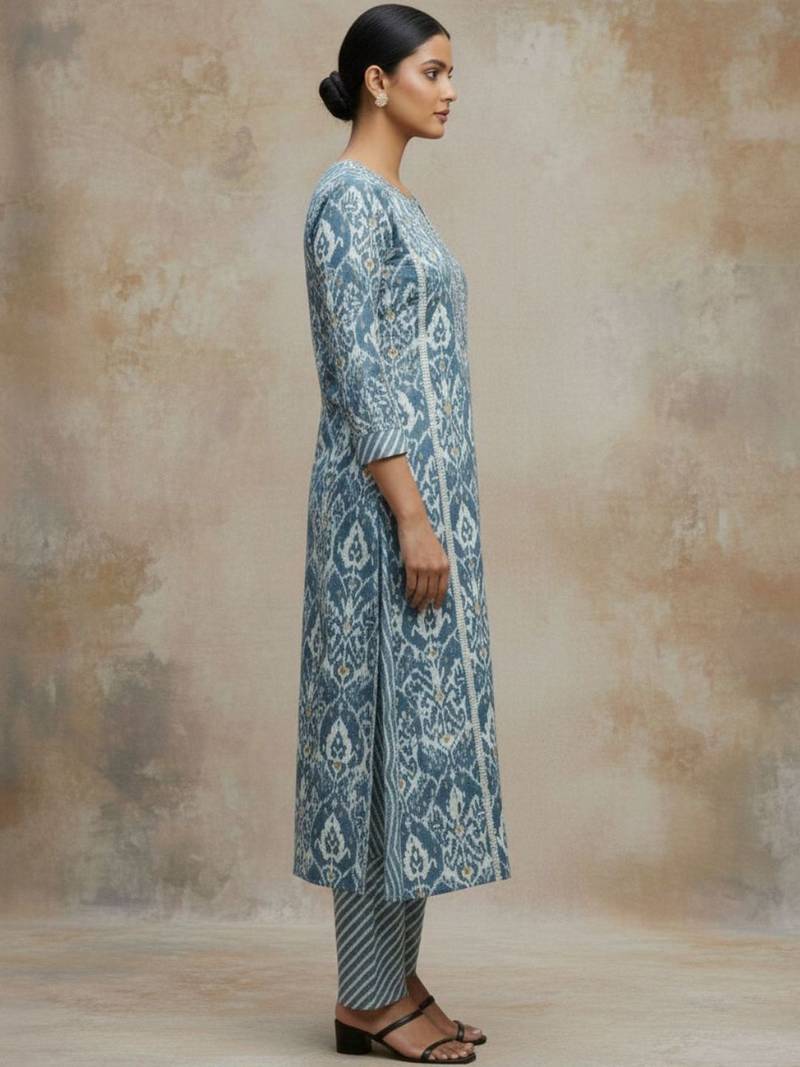 Women Ethnic Motifs Printed Regular Thread Work Pure Cotton Kurta with Trousers & With Dupatta