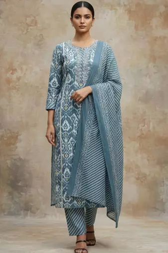 Women Ethnic Motifs Printed Regular Thread Work Pure Cotton Kurta with Trousers & With Dupatta