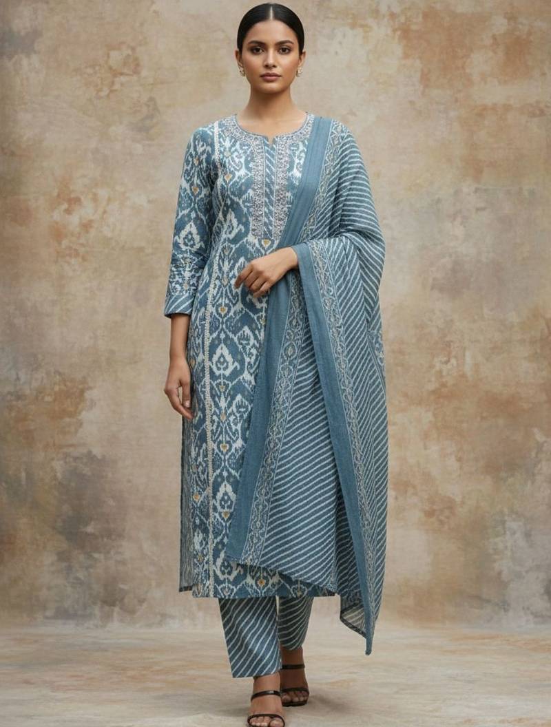 Women Ethnic Motifs Printed Regular Thread Work Pure Cotton Kurta with Trousers & With Dupatta