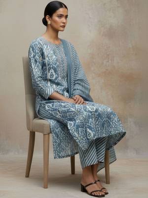 Women Ethnic Motifs Printed Regular Thread Work Pure Cotton Kurta with Trousers & With Dupatta 5