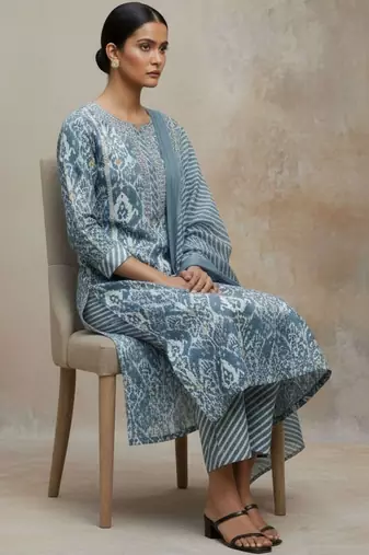 Women Ethnic Motifs Printed Regular Thread Work Pure Cotton Kurta with Trousers & With Dupatta