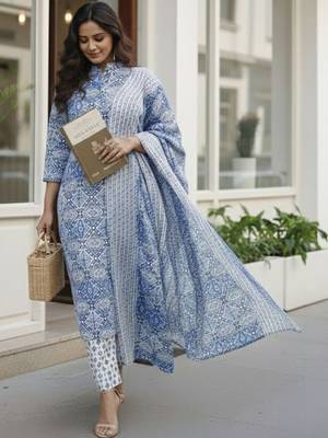 Women Ethnic Motifs Printed Regular Pure Cotton Kurta with Trousers & With Dupatta 1