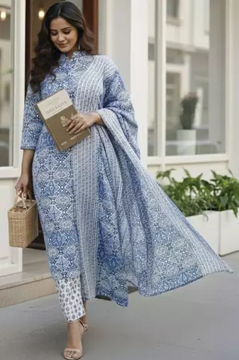 Women Ethnic Motifs Printed Regular Pure Cotton Kurta with Trousers & With Dupatta