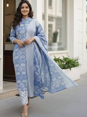 Women Ethnic Motifs Printed Regular Pure Cotton Kurta with Trousers & With Dupatta 4
