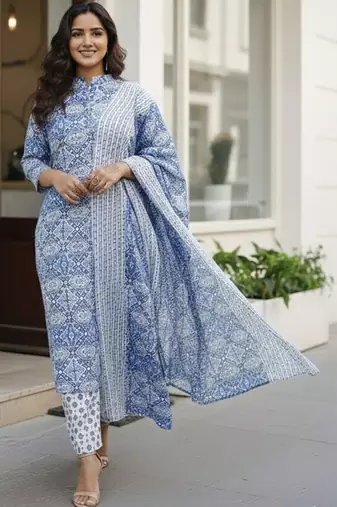 Women Ethnic Motifs Printed Regular Pure Cotton Kurta with Trousers & With Dupatta