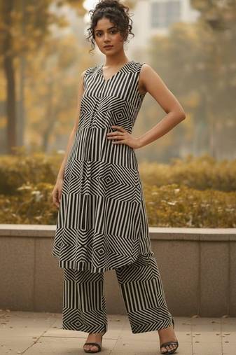 Women Striped Regular Kurta with Trousers