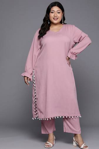 Plus Size Bell Sleeves Silk Crepe Kurta with Trousers