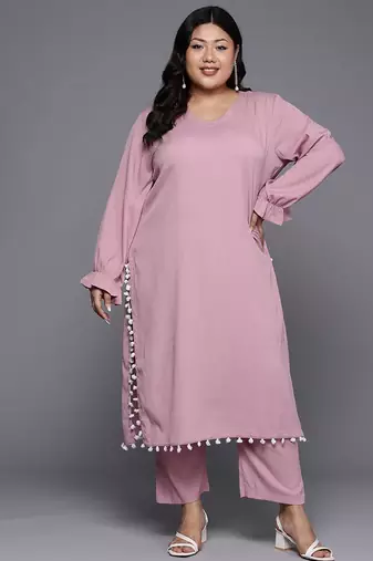 Plus Size Bell Sleeves Silk Crepe Kurta with Trousers