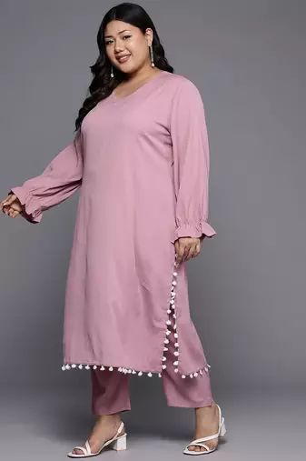 Plus Size Bell Sleeves Silk Crepe Kurta with Trousers