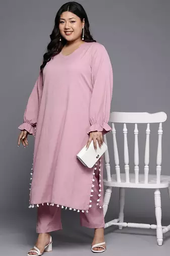 Plus Size Bell Sleeves Silk Crepe Kurta with Trousers