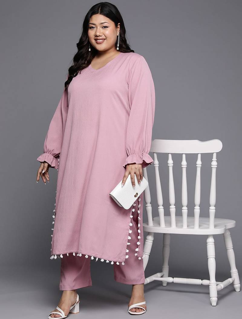 Plus Size Bell Sleeves Silk Crepe Kurta with Trousers