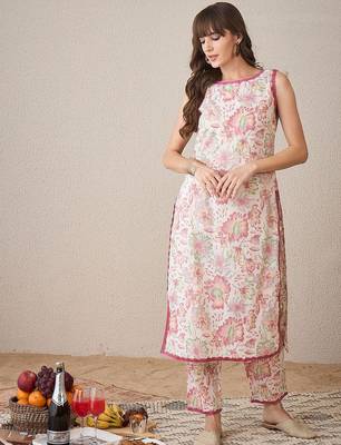 Floral Printed Sleeveless Pure Cotton Straight Kurta with Trouser 1