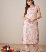 Floral Printed Sleeveless Pure Cotton Straight Kurta with Trouser