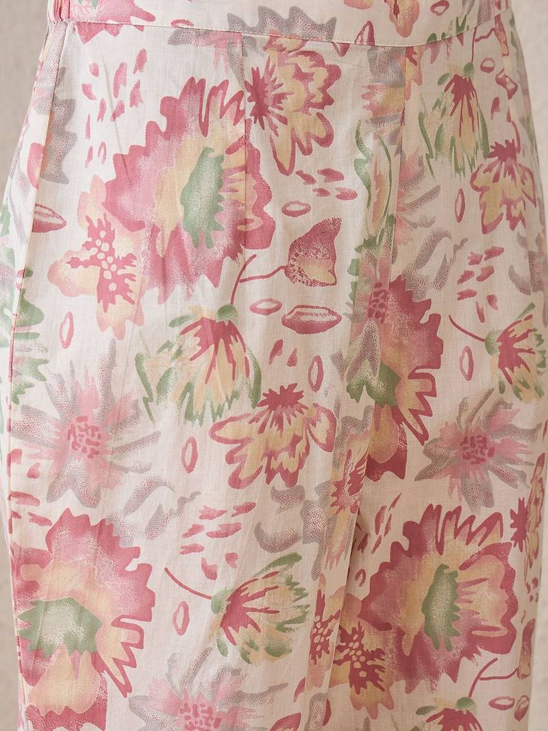 Floral Printed Sleeveless Pure Cotton Straight Kurta with Trouser