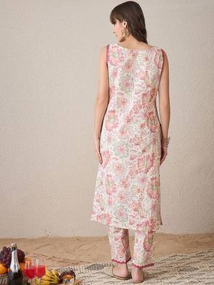 Floral Printed Sleeveless Pure Cotton Straight Kurta with Trouser 5