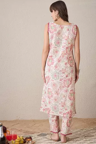 Floral Printed Sleeveless Pure Cotton Straight Kurta with Trouser