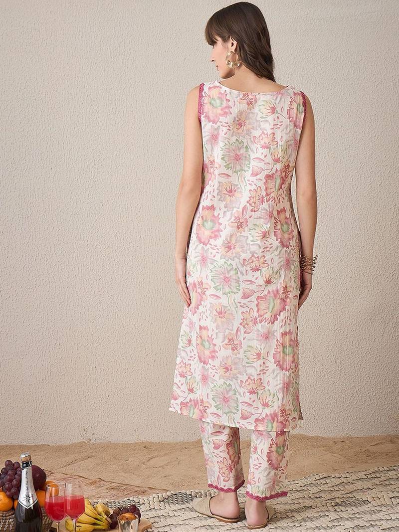 Floral Printed Sleeveless Pure Cotton Straight Kurta with Trouser