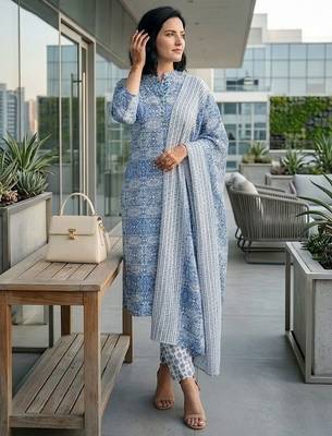 Women Ethnic Motifs Printed Regular Pure Cotton Kurta with Trousers & With Dupatta 1