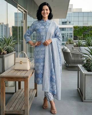 Women Ethnic Motifs Printed Regular Pure Cotton Kurta with Trousers & With Dupatta 5