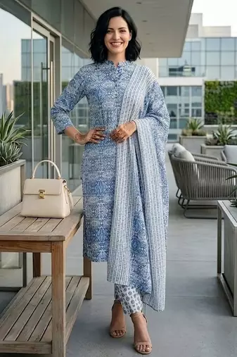 Women Ethnic Motifs Printed Regular Pure Cotton Kurta with Trousers & With Dupatta