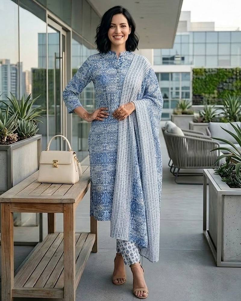 Women Ethnic Motifs Printed Regular Pure Cotton Kurta with Trousers & With Dupatta