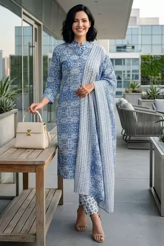 Women Ethnic Motifs Printed Regular Pure Cotton Kurta with Trousers & With Dupatta