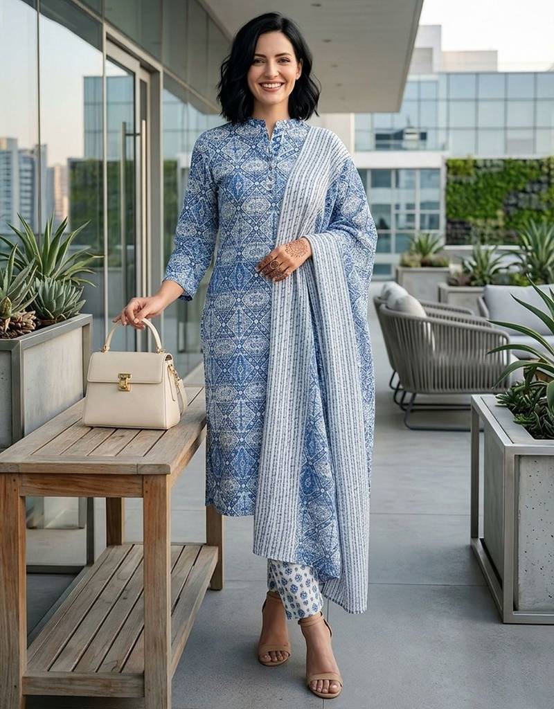 Women Ethnic Motifs Printed Regular Pure Cotton Kurta with Trousers & With Dupatta