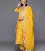 Women Ethnic Motifs Embroidered Chanderi Silk Kurta with Trousers & With Dupatta