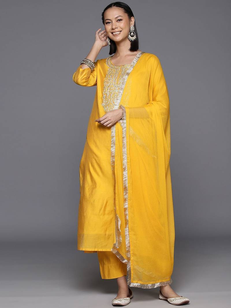 Women Ethnic Motifs Embroidered Chanderi Silk Kurta with Trousers & With Dupatta