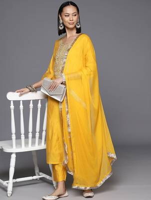 Women Ethnic Motifs Embroidered Chanderi Silk Kurta with Trousers & With Dupatta 7