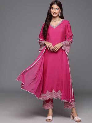 V-Neck Flared Sleeves Thread Work Straight Kurta With Trousers & Dupatta 1