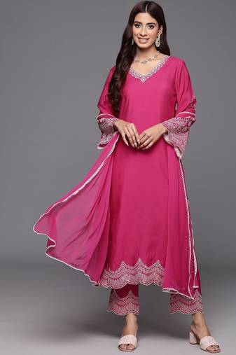 V-Neck Flared Sleeves Thread Work Straight Kurta With Trousers & Dupatta
