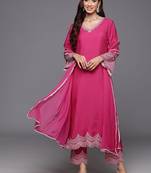 V-Neck Flared Sleeves Thread Work Straight Kurta With Trousers & Dupatta