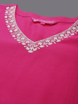 V-Neck Flared Sleeves Thread Work Straight Kurta With Trousers & Dupatta 2