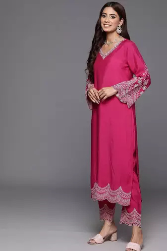 V-Neck Flared Sleeves Thread Work Straight Kurta With Trousers & Dupatta