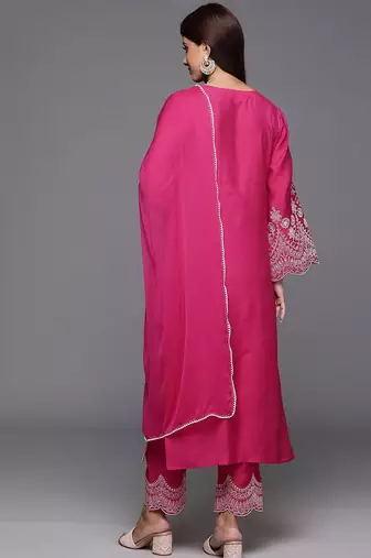 V-Neck Flared Sleeves Thread Work Straight Kurta With Trousers & Dupatta